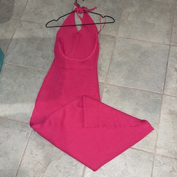 HOT Pink halter ribbed midi dress szS/M Barbie Barbiecore bodycon party vacation - Picture 2 of 14